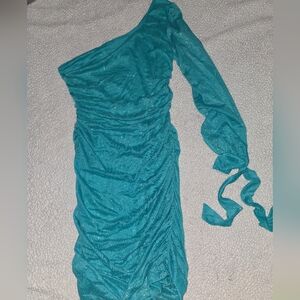 Deb Teal One-Shoulder Sparkle Ruched Dress